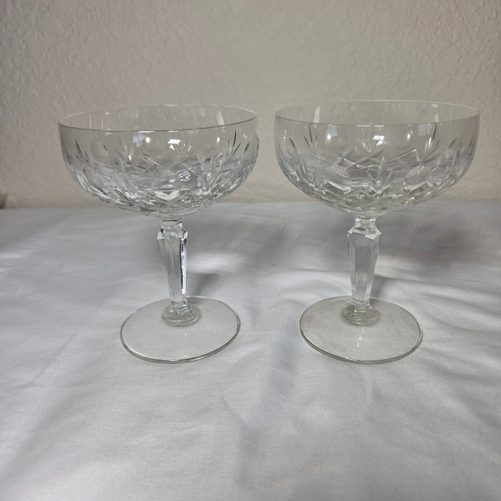 Vintage Cut Crystal Champagne Coupe Glasses Set/2 Starburst Cross Hatch Stemmed